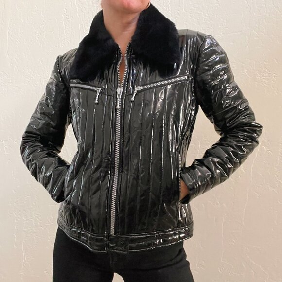 Vintage 90s/Y2K Black Faux Patent Leather Fur Collar Zip Up Jack - Picture 1 of 7